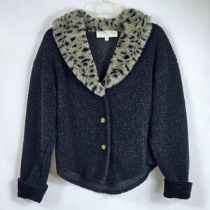 VTG Tasha Polizzi Black Fleece Jacket Sz S Faux Fur Collar Velvet Cuffs Buttons